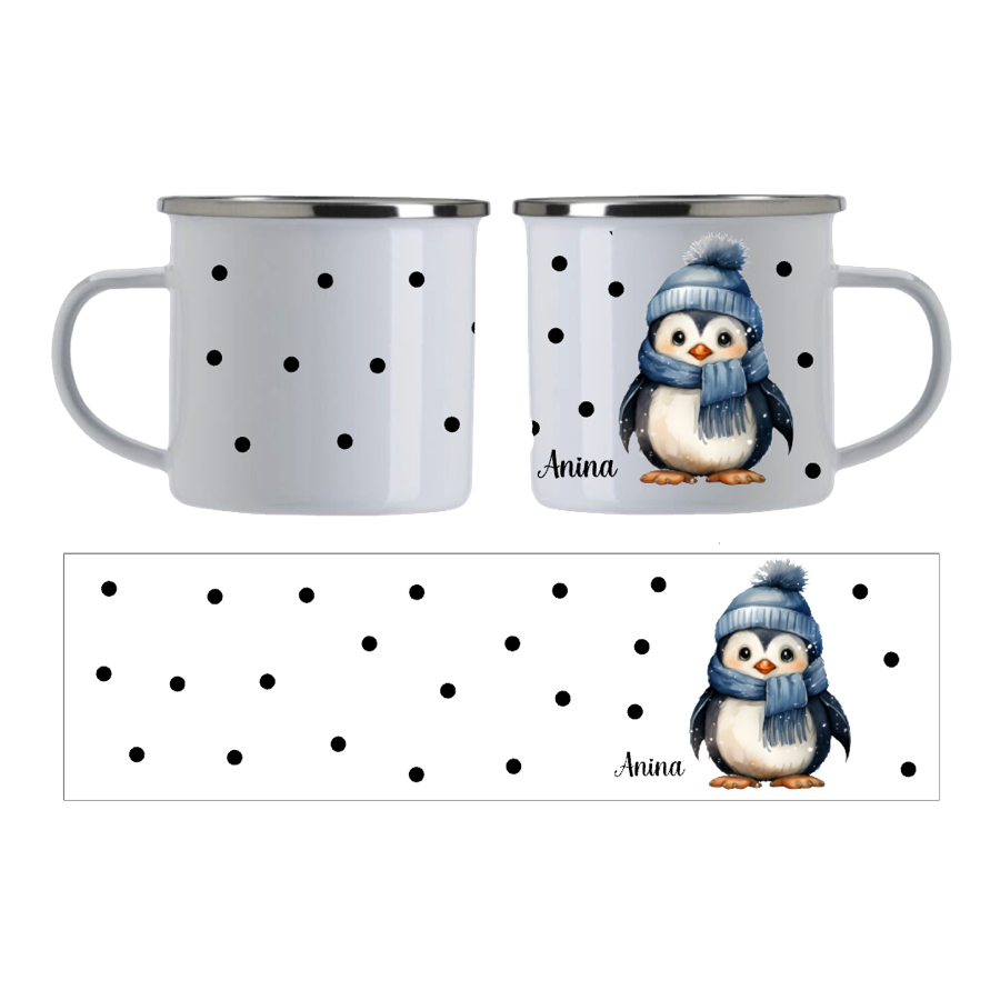 Emaille Tasse Pinguin blau